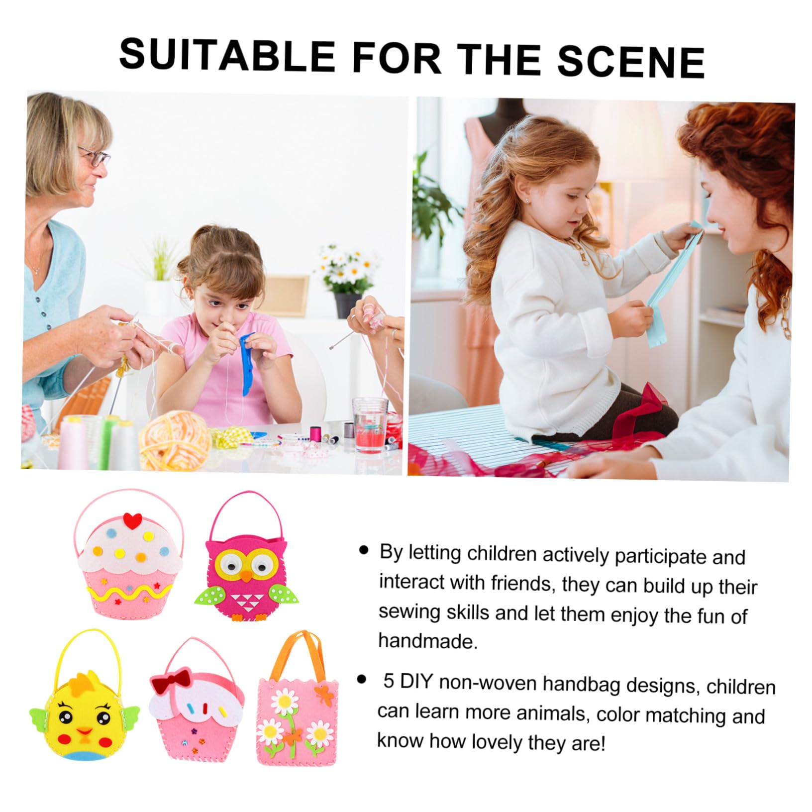 GALPADA 5 juegos Kit Manualidades Bolsas Fieltro sin Tejer Seguro DIY para Principiantes con Divertidos y Material para Coser Manos Pequeñas