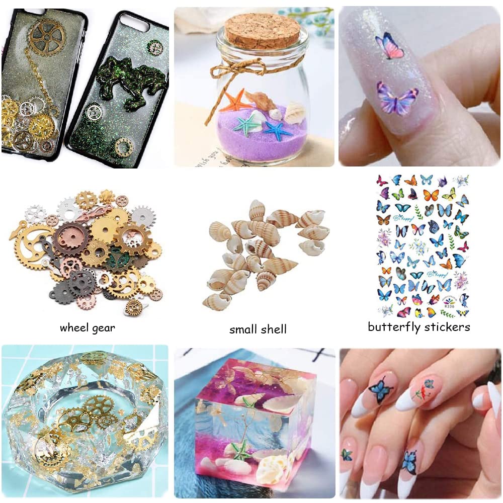 Confezione da 68 accessori in resina epossidica con glitter, paillettes, fiori secchi, adesivi, lamina d'oro, conchiglie, ingranaggi, per artigianato in resina e decorazioni per nail art