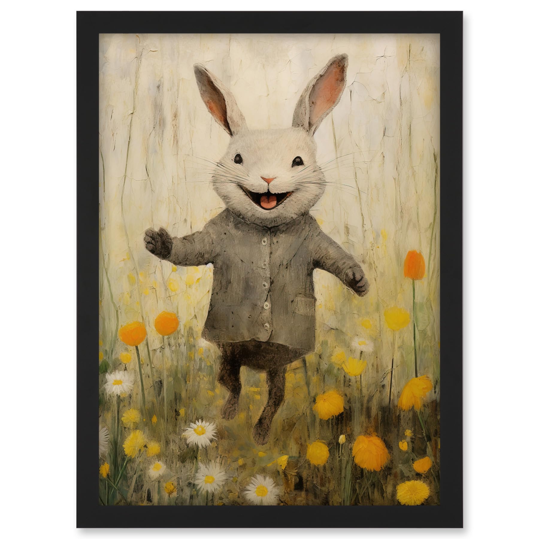 Artery8 Raincoat Rabbit Happy Bunny Flower Meadow Kids Girls Bedroom Nursery Artwork Framed A3 Wall Art Print