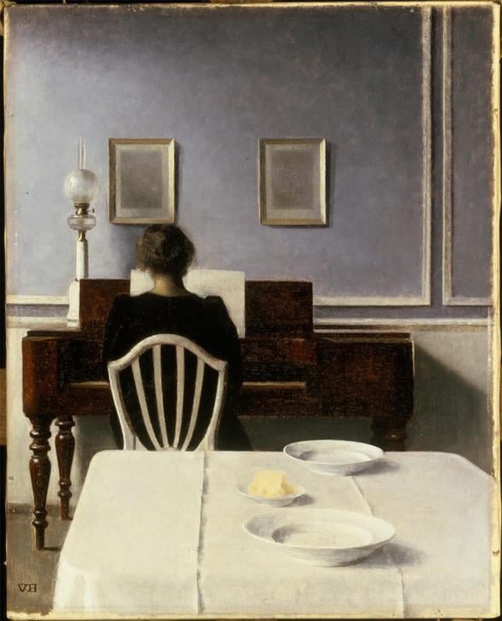 POSTERIIk Vintage Classic Picture Landscape Artwork Interior with Young Woman At the Piano by Vilhelm Hammershoi Portrait Canvas Painting for Office Home Decor 60x90cm