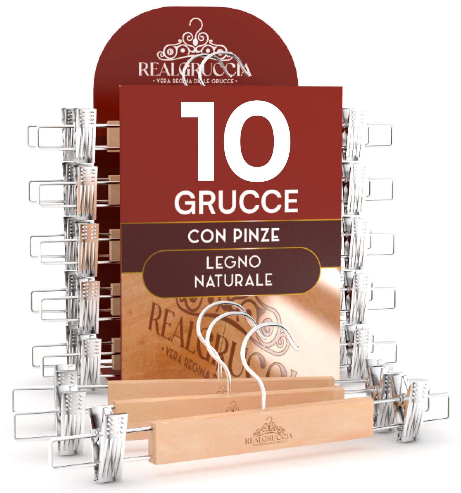 10 Grucce Appendiabiti con Pinze per Gonne Jeans Pantaloni in Legno Naturale 13x33cm - RealGruccia Clips Regolabili Salvaspazio e Robuste - Finitura Lucida e Gancio Girevole 360° in Metallo Resistente