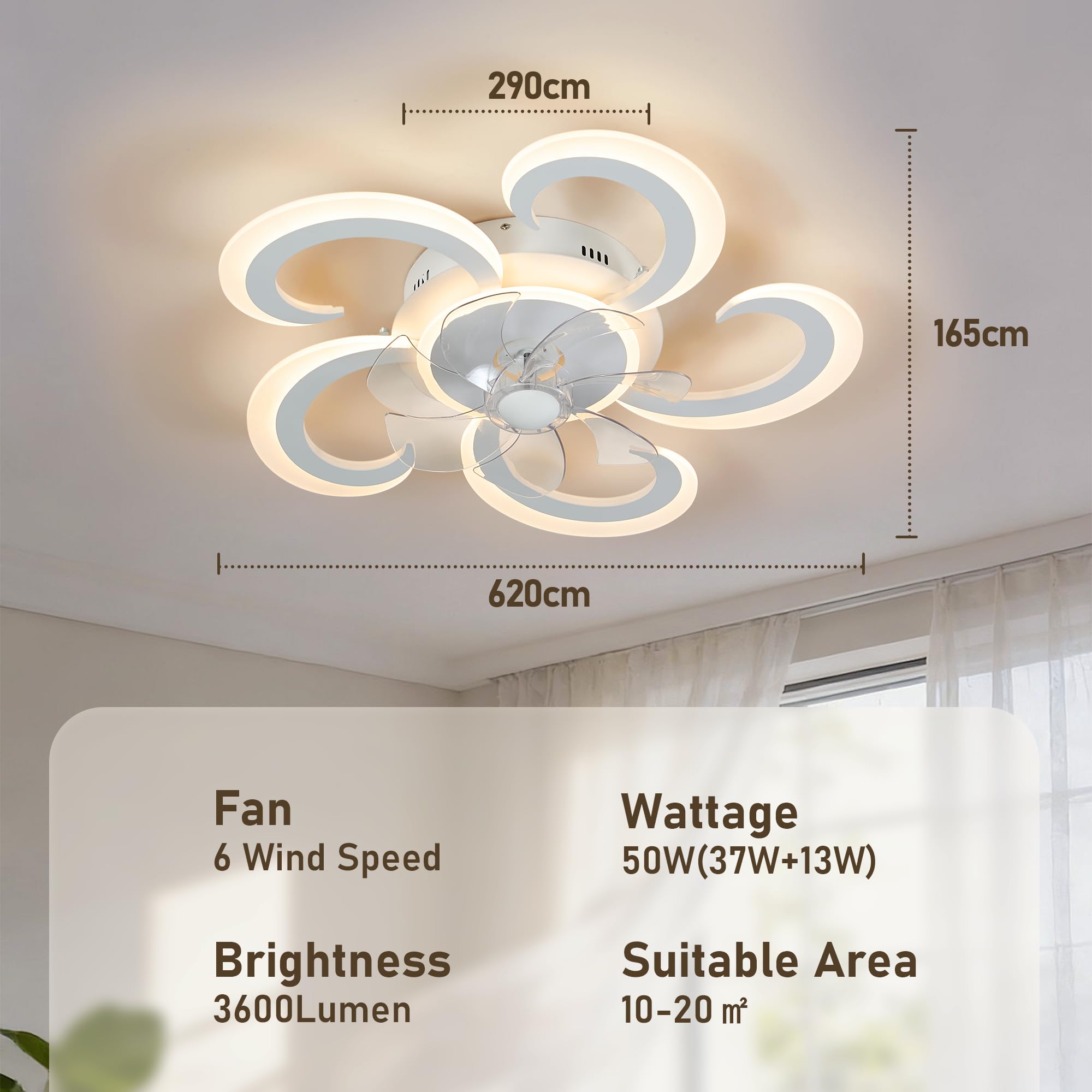 Ventilatori da Soffitto con Luce e Telecomando, Lampadario con Ventilatore da Soffitto, Lampadario LED Dimmerabile 3000K-6000K, 50W(37W+13W) 3600Lumens, Ventilatore a Soffitto con Luce, 62cm