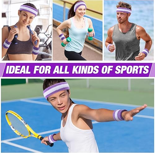 Miniatura 4 de Eurzom El juego de 36 bandas para el sudor a rayas a granel incluye 12 diademas a rayas que absorben el sudor y 24 pulseras de algodón para el sudor