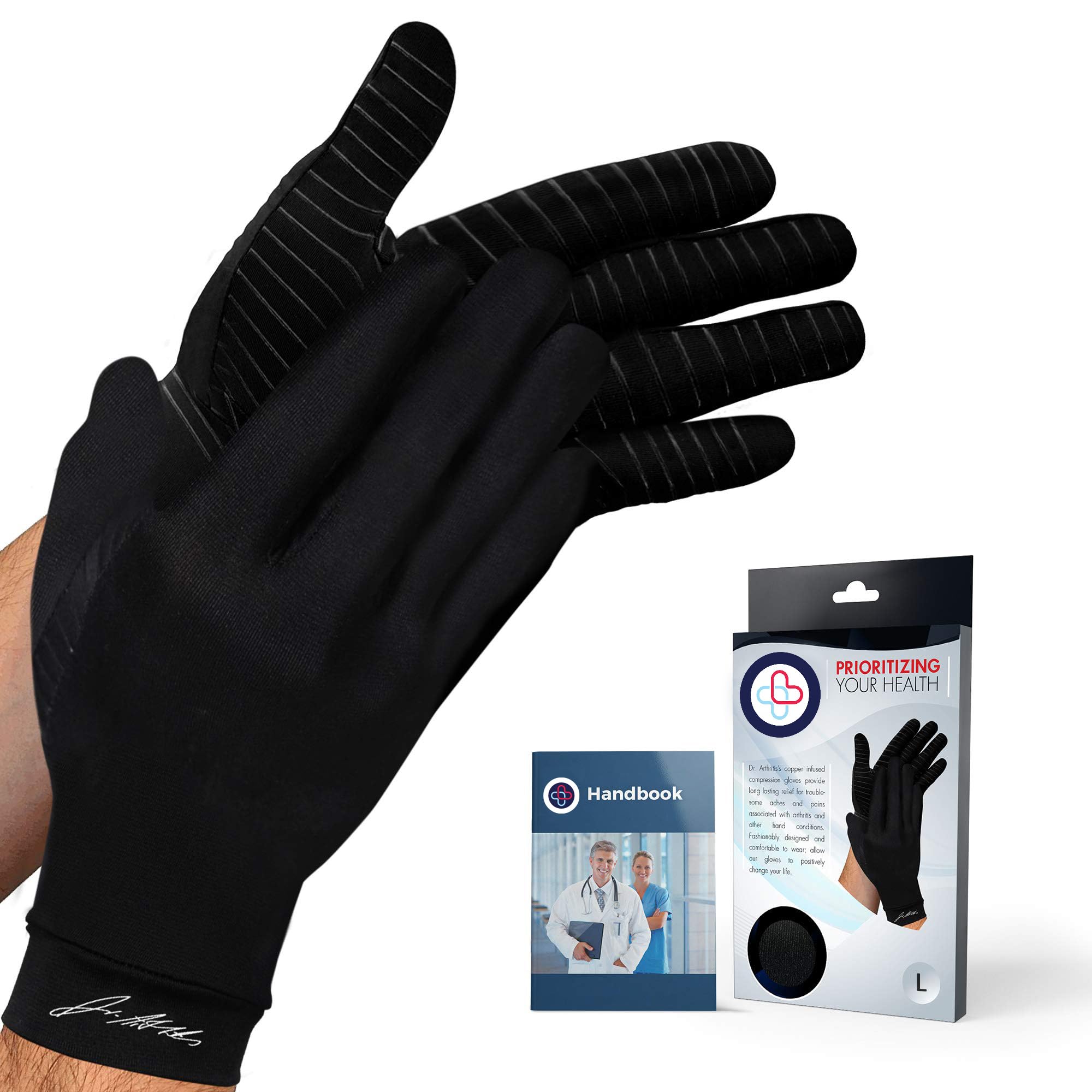 Dr. Arthritis Full Length Arthritis Gloves, Copper & Compression, Black, L (Pair) - Relief from Joint Symptoms, Raynaud's, Carpal Tunnel & More