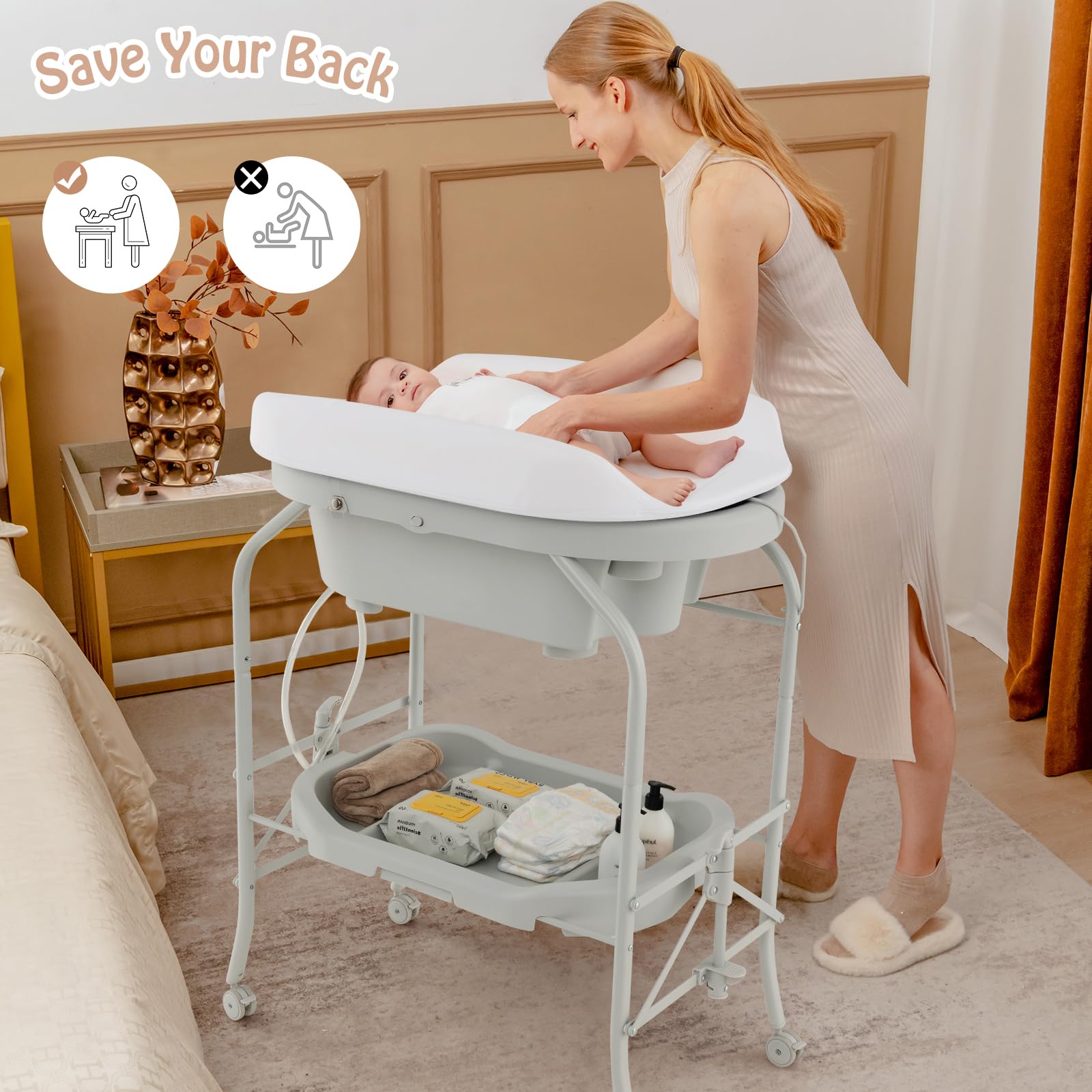 GYMAX Fasciatoio pieghevole con vasca da bagno, tavolino da bagno portatile per neonati e cassettiera con imbottitura in PVC, vassoio portaoggetti e ruote, stazione fasciatoio per neonati (grigio