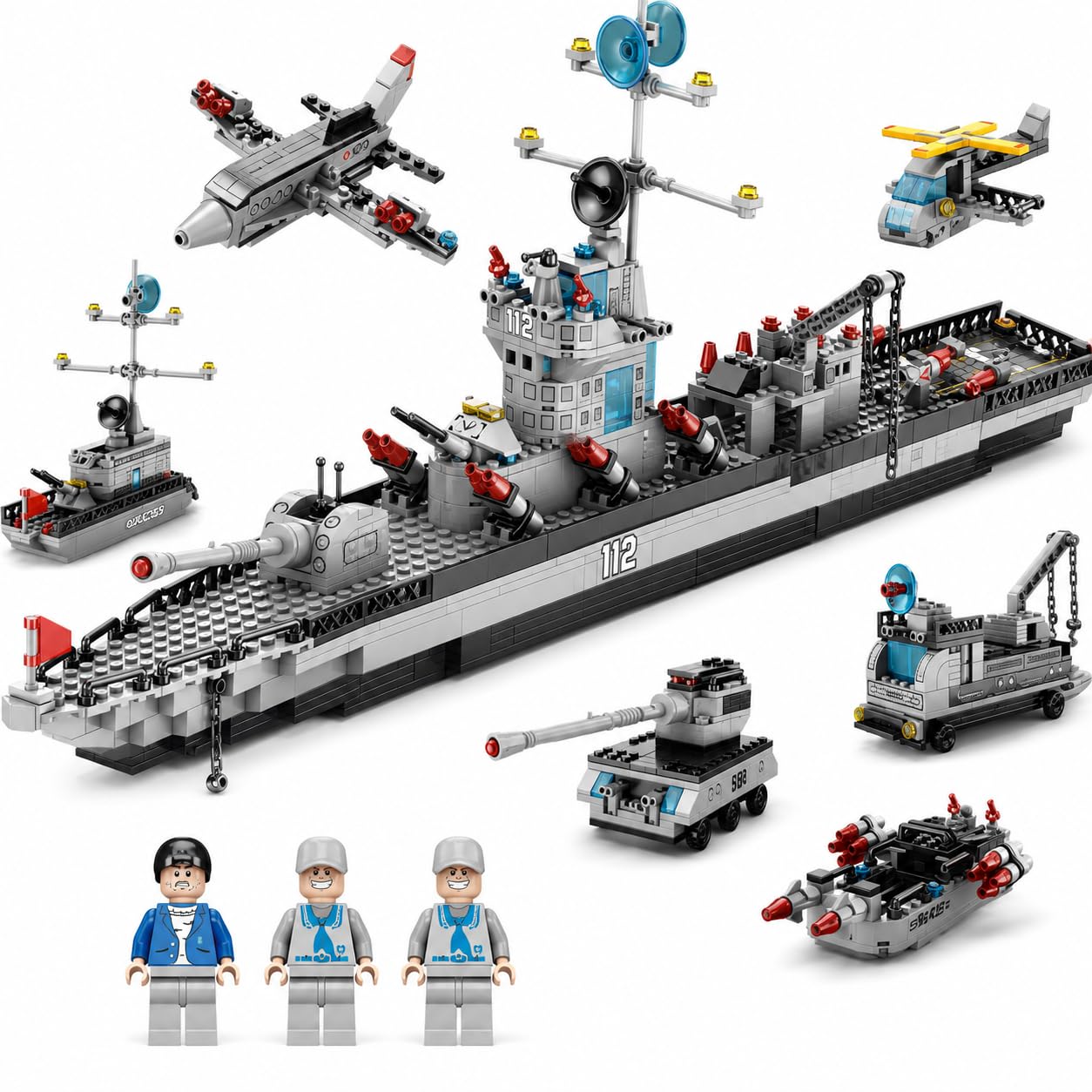 SKY LINE OCEAN 8-in-1 Destroyer Building Block Set, 850+ PCS Military Warship Construction Kit with Fighter Jet, Helicopter, Patrol Boat & Support Vehicles, STEM, 5-Year Structural Warranty-image-6