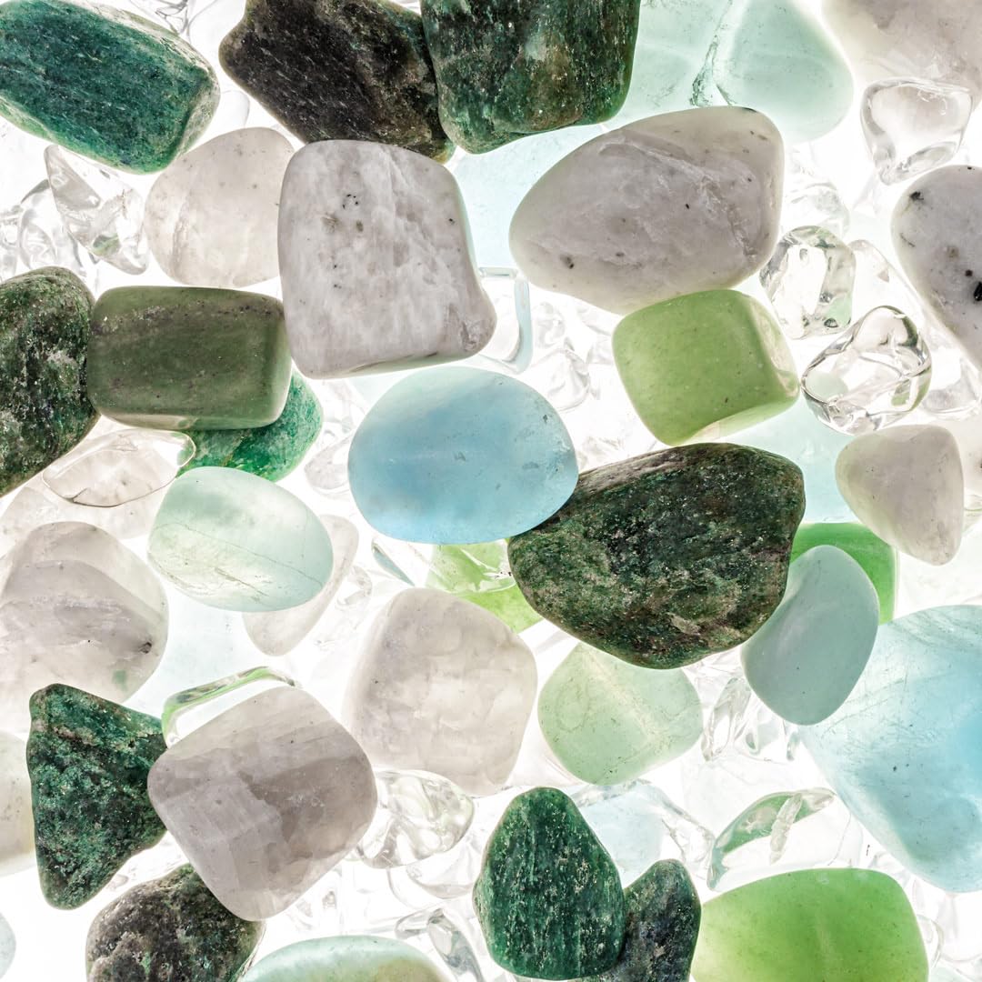 VitaJuwel Sana Flow blu oceano | Caraffa in vetro con pietre preziose (acquamarina, avventurina, pietra di luna e cristallo di rocca) – per serenità, creatività e dinamismo