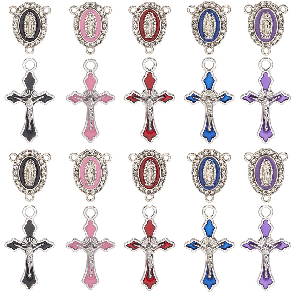 SUNNYCLUE 1 Box 40pcs Easter Rosary Charms Beads Enamel Cross Charms Tibetan Oval Blue Purple Red Chandelier Crucifix Rosary Pendants for Jewellery Making Necklace Bracelets Earring Diy Projects