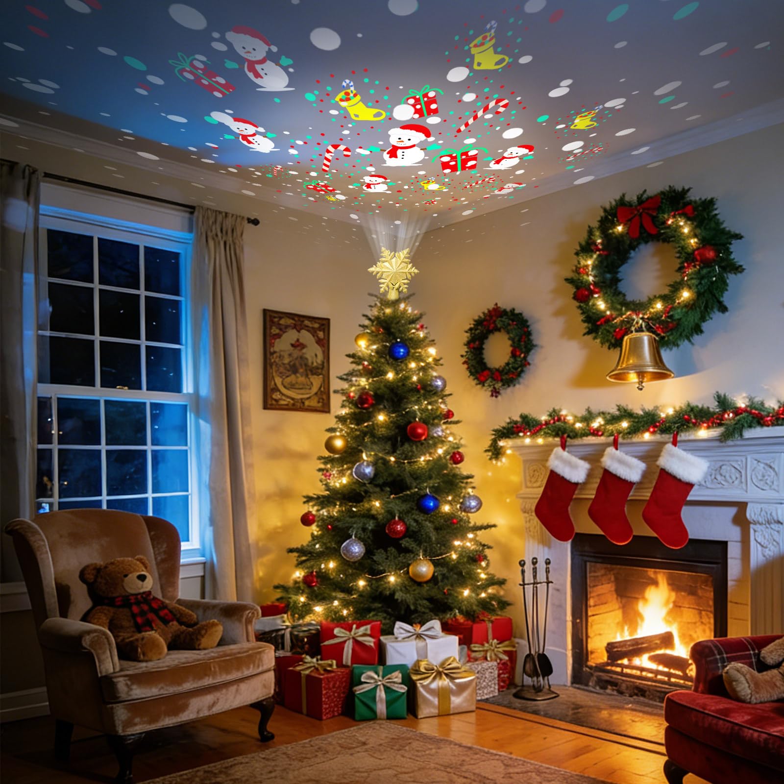 Puntale per albero di Natale dorato con 6 modelli di proiezione con fiocchi di neve dorati, con cavo di 3 m, per interni, ufficio, Natale, Capodanno (5,0 V, 1,0 A)