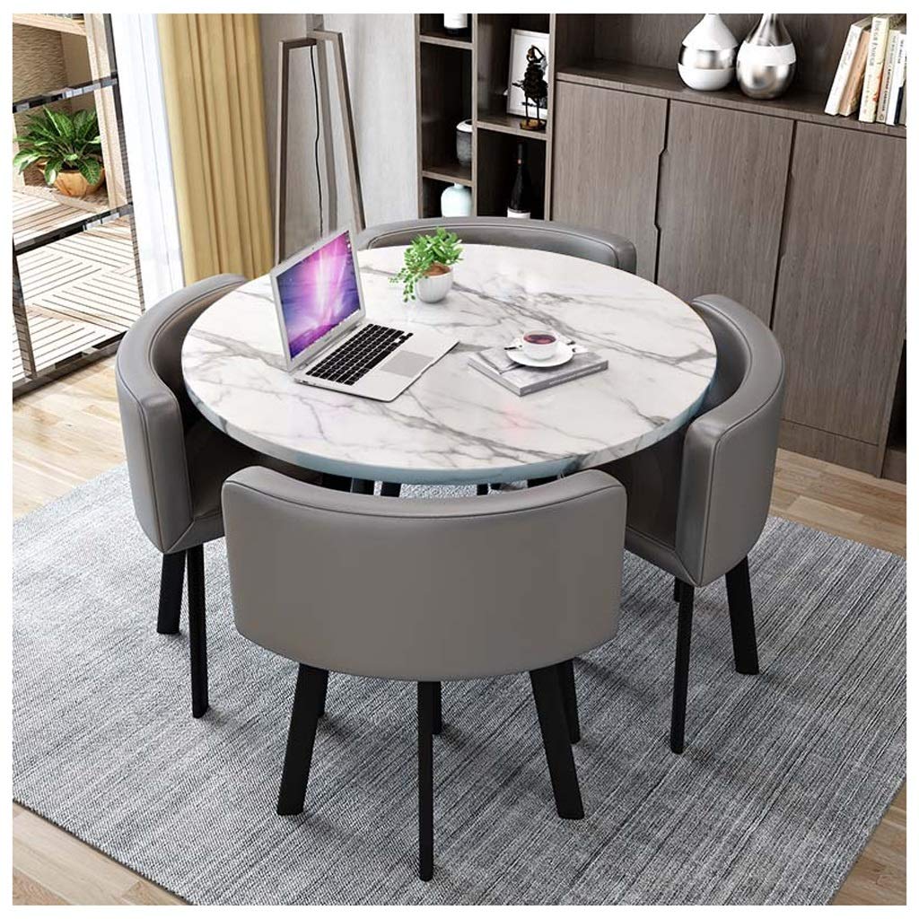 ASerZenith Balcony Dining Table Set With 4 Leather Chairs 5 Piece Kitchen Dining Furniture 80Cm/90Cm Round Wooden Table With Metal Legs Office Reception Leisure Table Black Color.,Grey-90Cm/35In