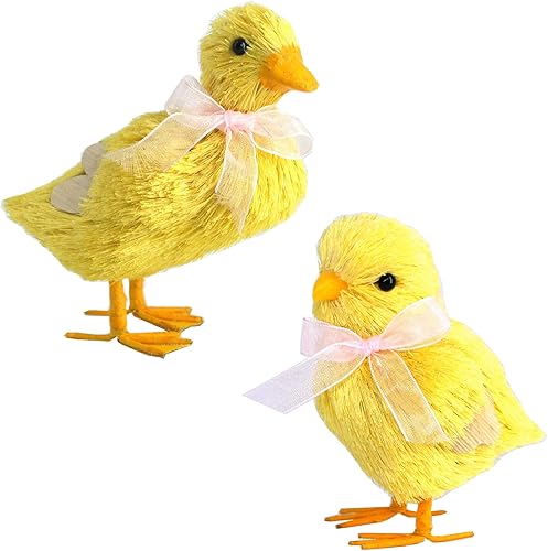 Juego de 4 patos de sisal de Pascua con diseño de pollito de bebé decoración de primavera amarilla figuras realistas para decoración del hogar para