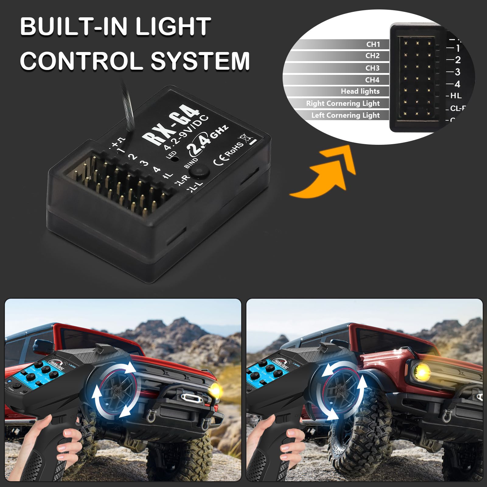 Sistema de radio RC 4CH 2.4G Transmisor RC con receptor y cordón y banda antideslizante que absorbe el sudor, control remoto antiatascos para 1/10 1/12 1/14 1/16 1/18 1/24 RC Car Crawler