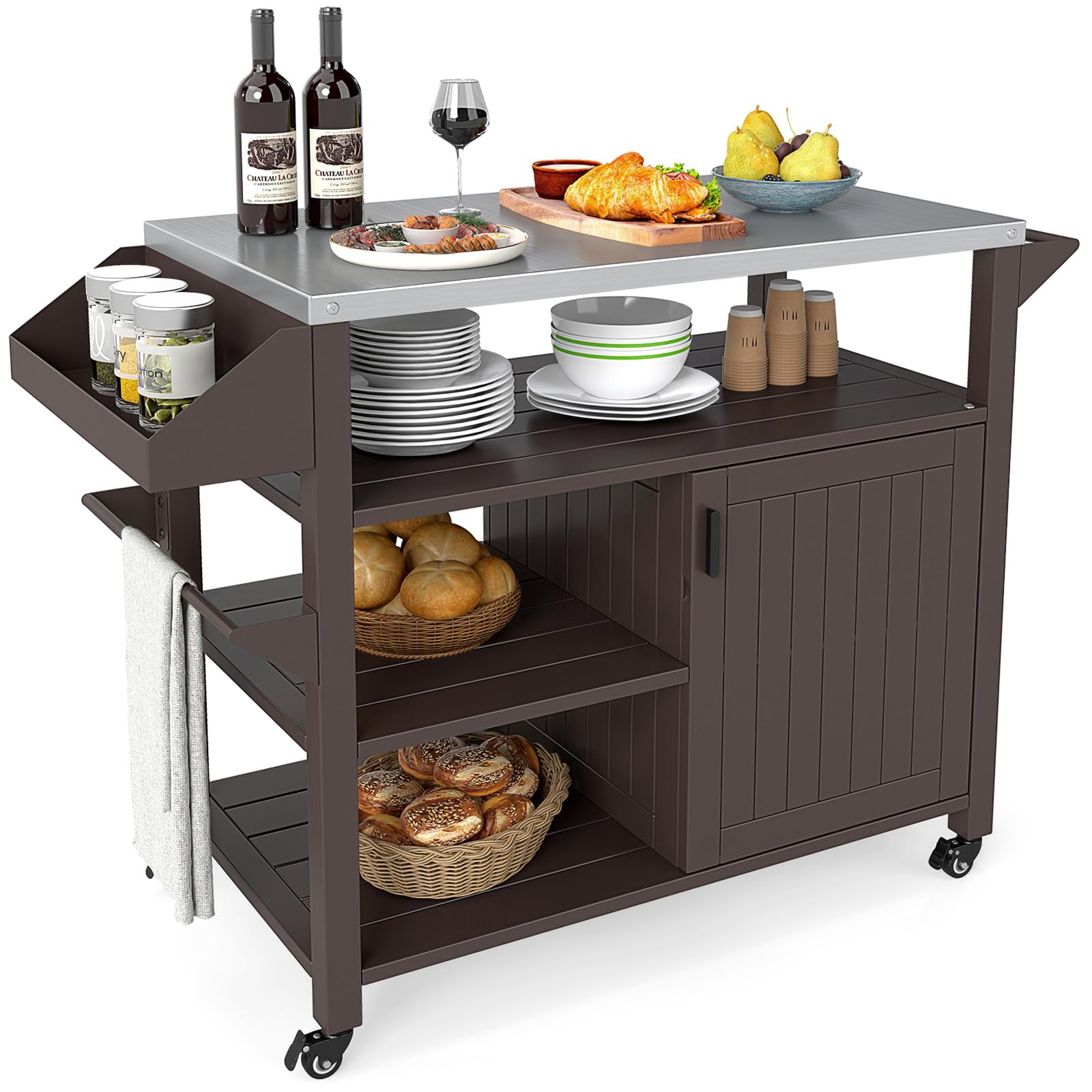 COSTWAY Carrito de Barbacoa con Estante Abierto y Armario, Cocina Exterior con 4 Ruedas 360°con Freno, Encimera de Acero Inoxidable, Mueble para BBQ para Picnic, Fiesta, 116 x 50 x 87 cm