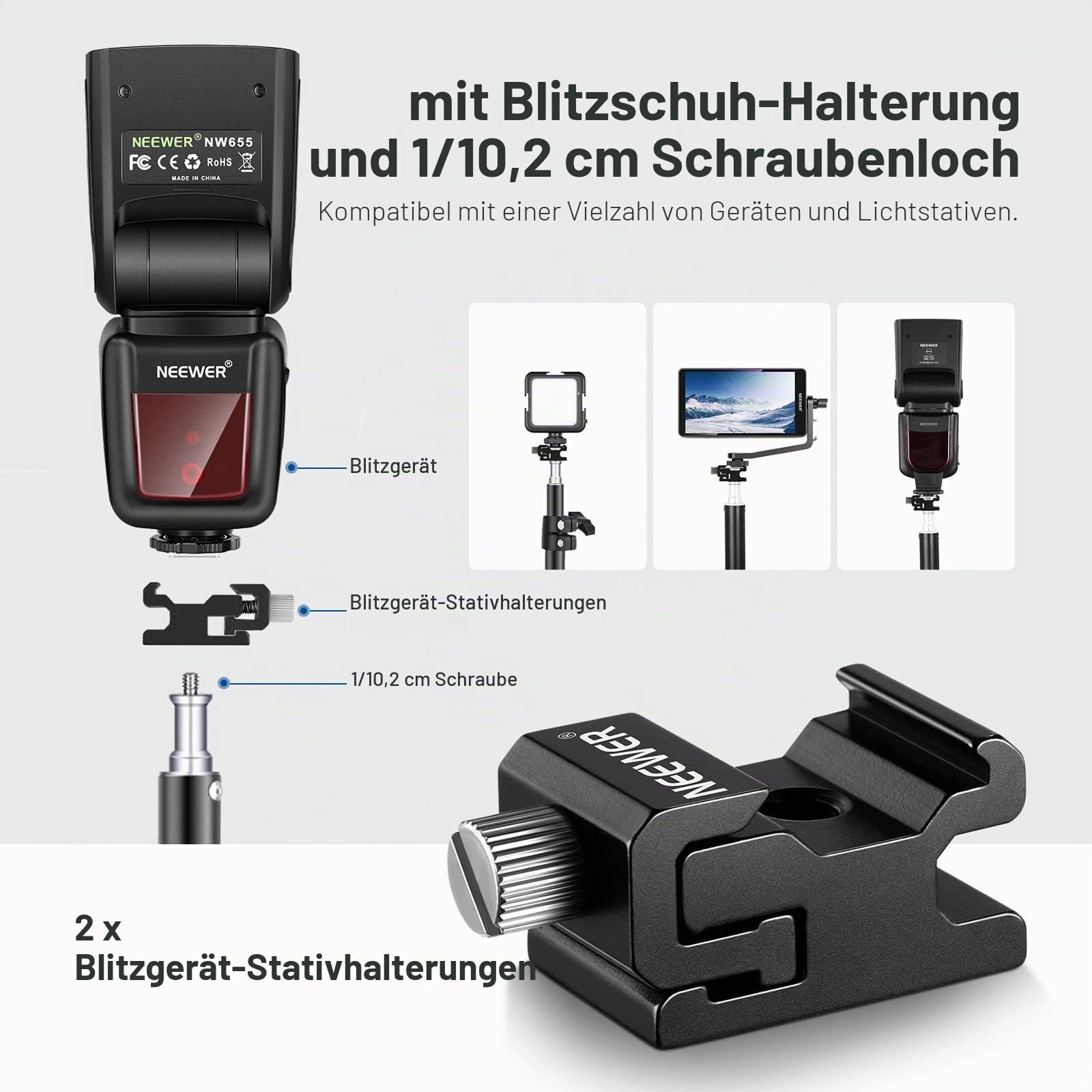 NEEWER 8 PCs Hot Shoe Mount Adapter Kit, inklusive Triple Cold Shoe Mount, 1/4" Schraube, Blitzstativhalterung und Hot Shoe Cover für DSLR Kameras, LED Leuchten, Mikrofon, Lichtständer, Monitor