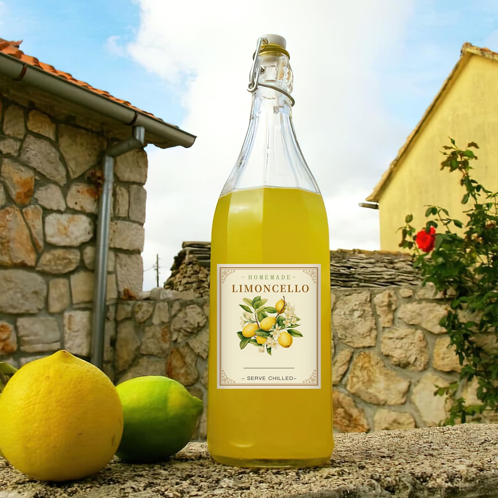 Limoncello - Etiquetas para botellas de limoncello caseras, 20 unidades, calcomanías de etiquetas de botellas de vidrio Limoncello, 2.5 x 3 pulgadas, elegantes calcomanías de vino de limón para bodas
