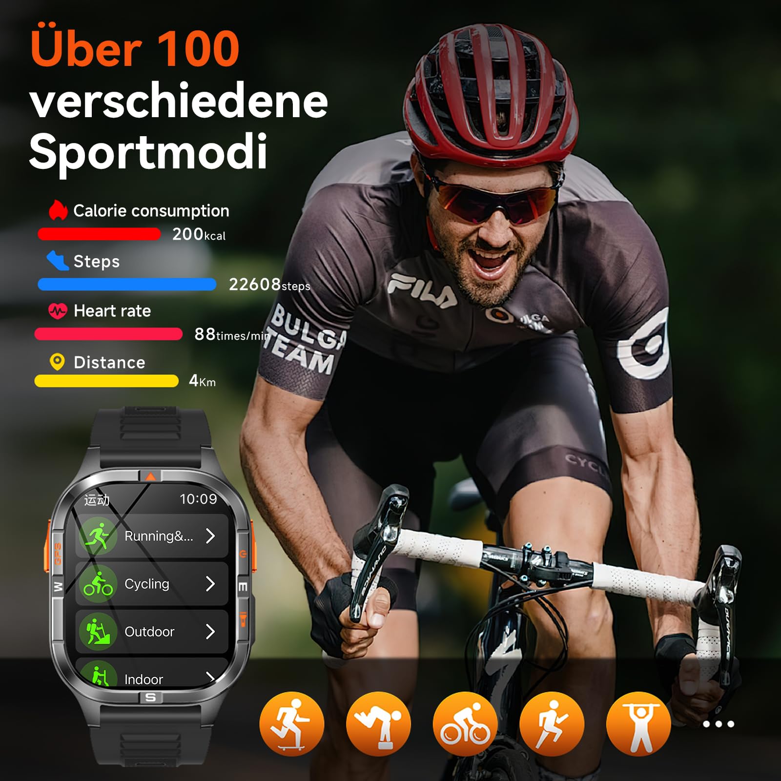 Smartwatch herren Militärische 2,01" HD, mit GPS/Bluetooth-Anruf/Kompass