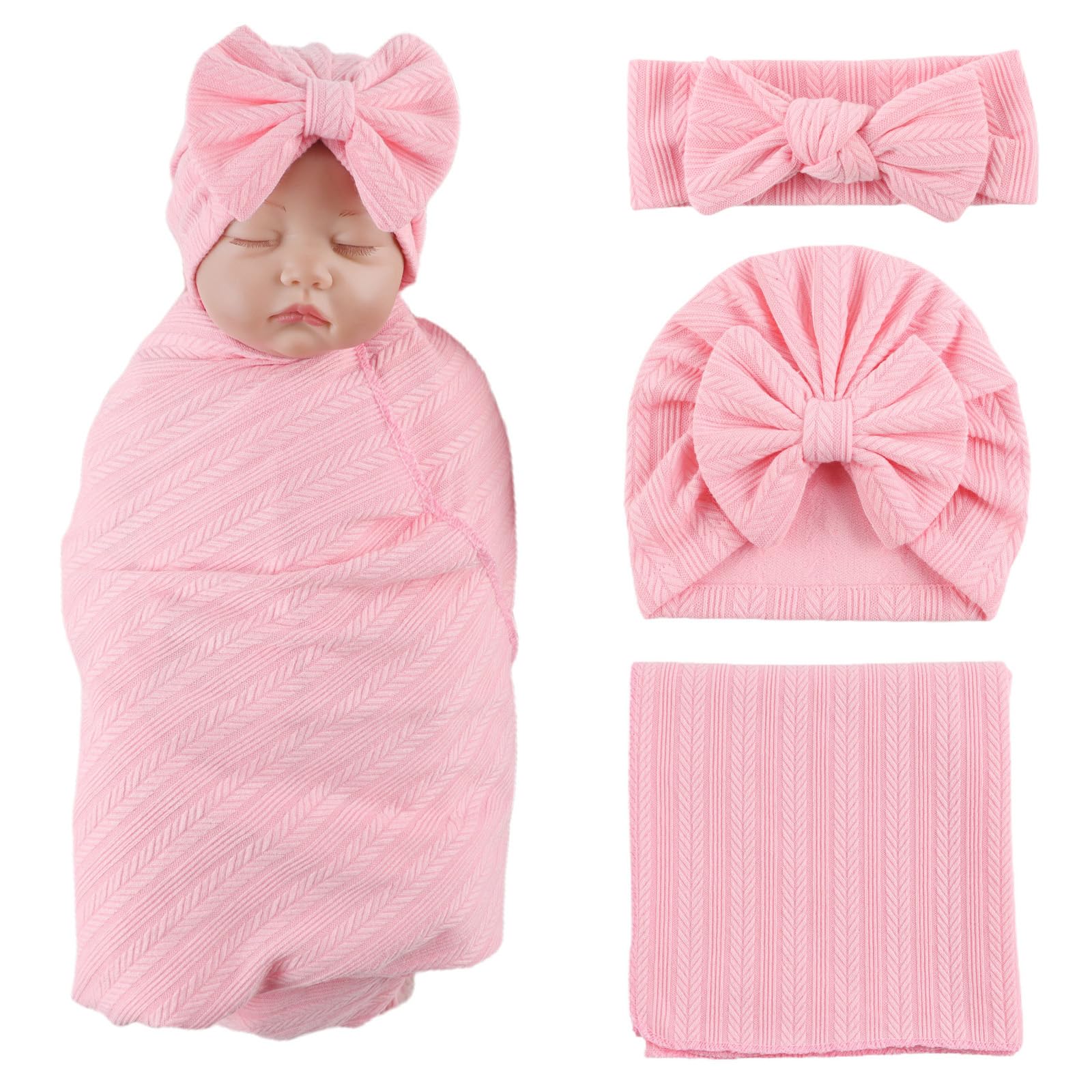 MniJiza Newborn Swaddle Blanket Baby Girls Receiving Blankets with Headband Beanie Hat Set Soft Nursery Swaddle Wrap (Light Pink)