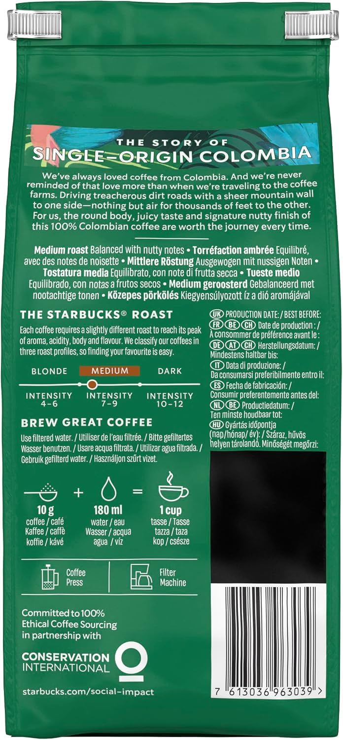 STARBUCKS Single-Origin Colombia Café Molido De Tostado Medio, 200g x 1