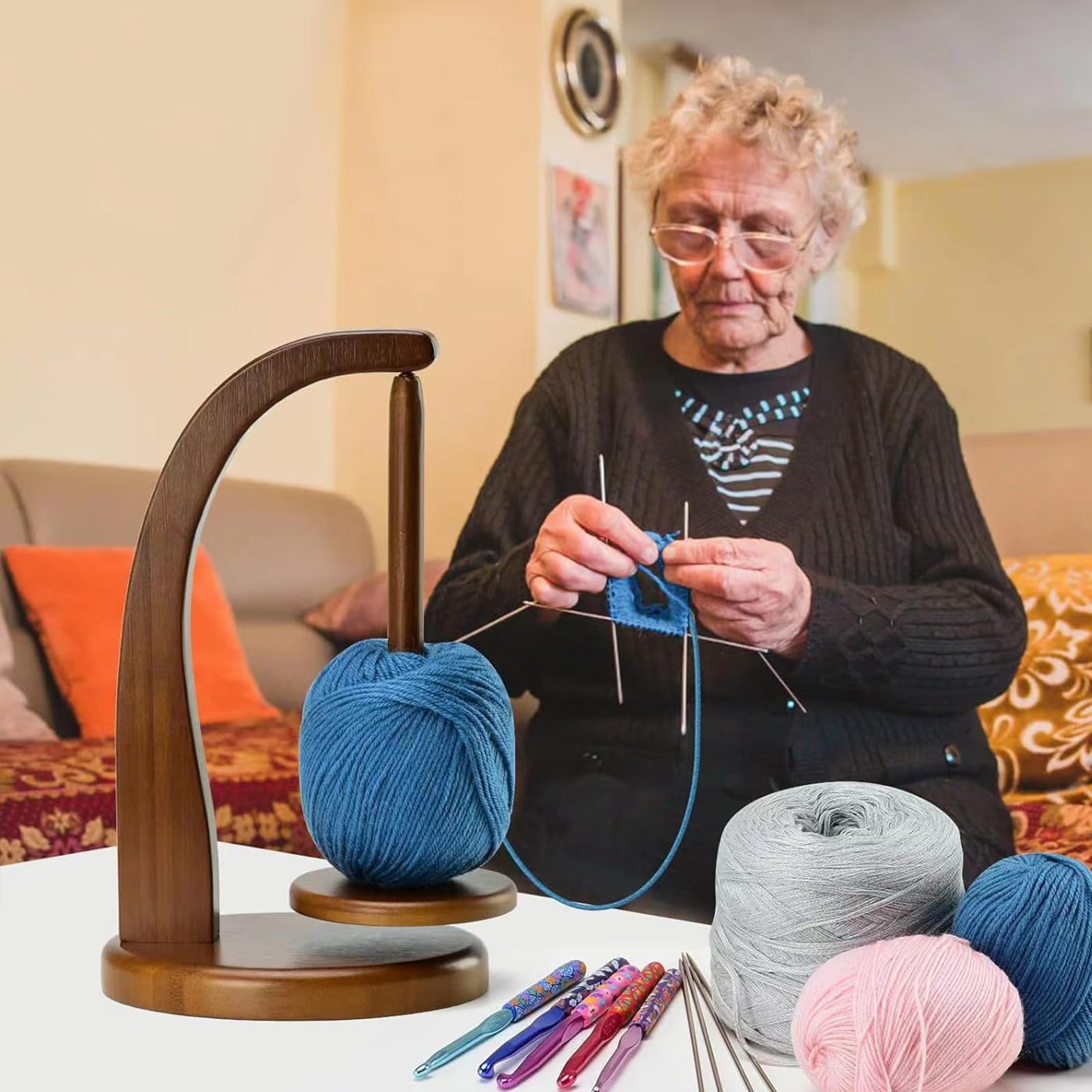 UMLIPOT Wollabwickler, Wollhaspel Rotierender Magnetischer Wollknäuelhalter,Yarn Winder Garnrollenhalter wollabwickler Holz Wollhalter wollwickler für Häkel- und Strickzubehör-Geschenke (Retro-Farbe)