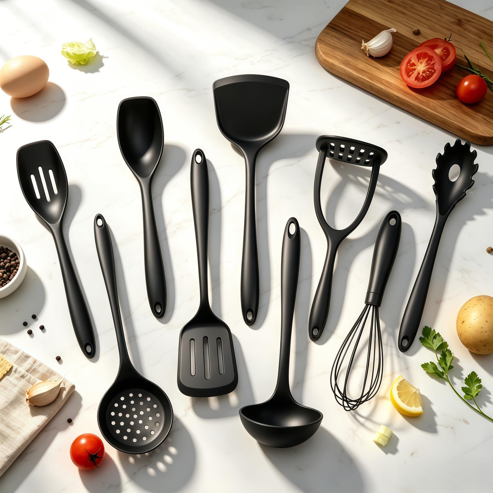 Lot de 10 ustensiles de cuisine en silicone épais - Antiadhésifs - Résistants à la chaleur - Sans BPA - Avec spatule, cuillère et louche (noir)