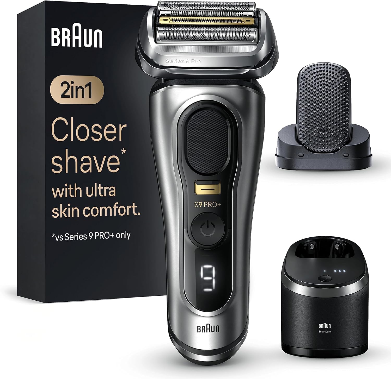 Braun Series 9 Pro+ Afeitadora Eléctrica Hombre, Máquina de Afeitar Barba, Cabezal ProComfort, Centro De Limpieza SmartCare, En Seco Y En Mojado, 9597cc, Plata