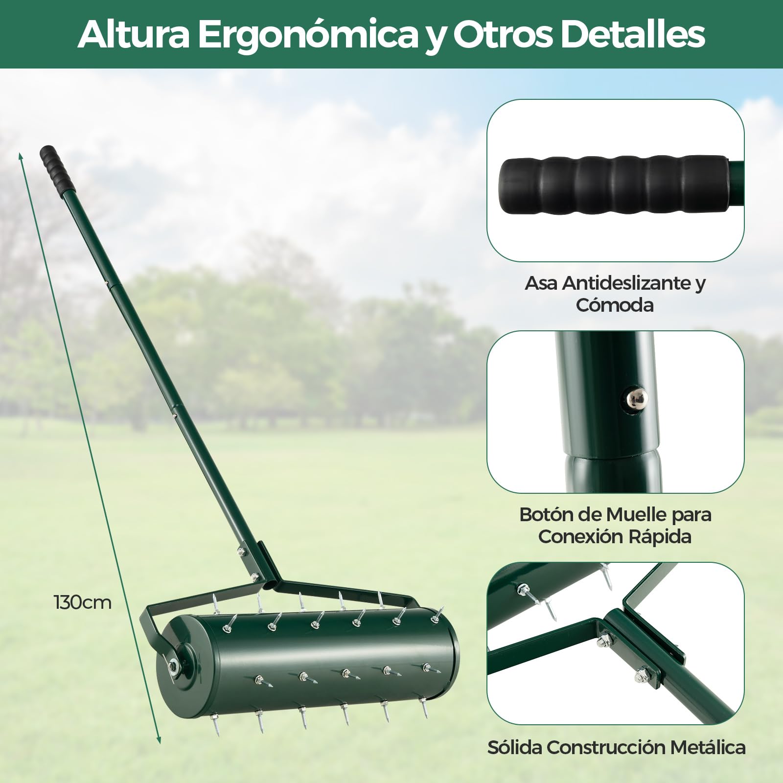 COSTWAY Rodillo Aireador de Césped Enrollable, Herramienta de Césped con Mango Desmontable de 130cm y Púas para Aflojar el Suelo, para Jardín, Patio, Fácil de Montar (52cm)