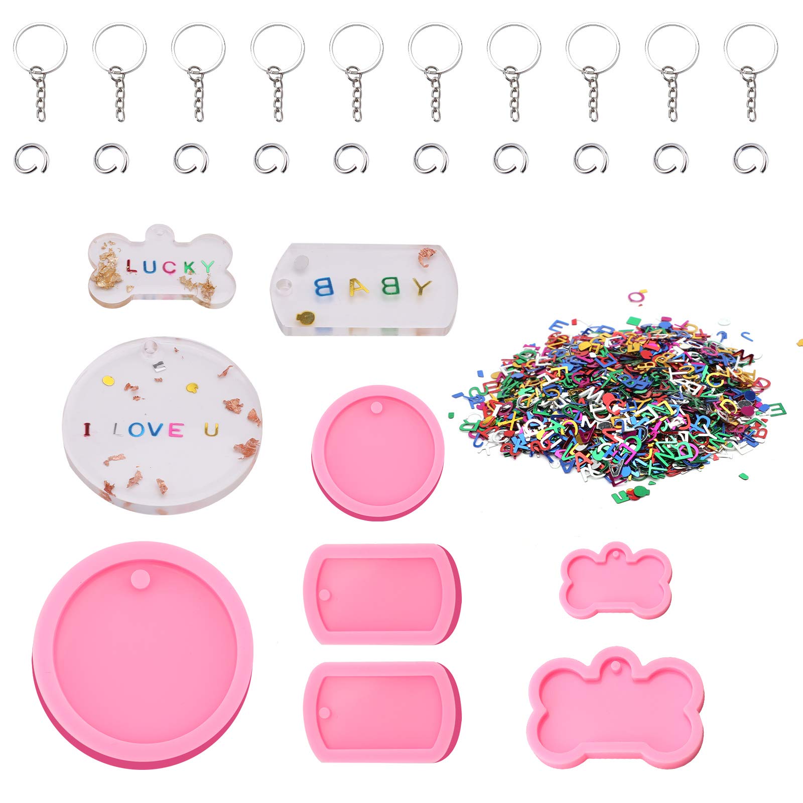 SAVITA 6Pcs Dog Bone Silicone Molds Resin Silicone Keychain Charms Molds with 10Pcs Key Rings and a Pack of Letter Sequins for DIY Crafts Making