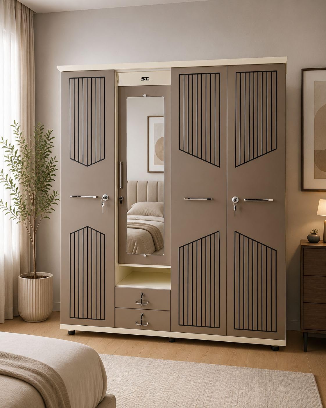 4 Door Metal Wardrobe with Dressing Mirror, Beige Finish, Black Pattern Design, Bedroom Storage Cabinet-image-38