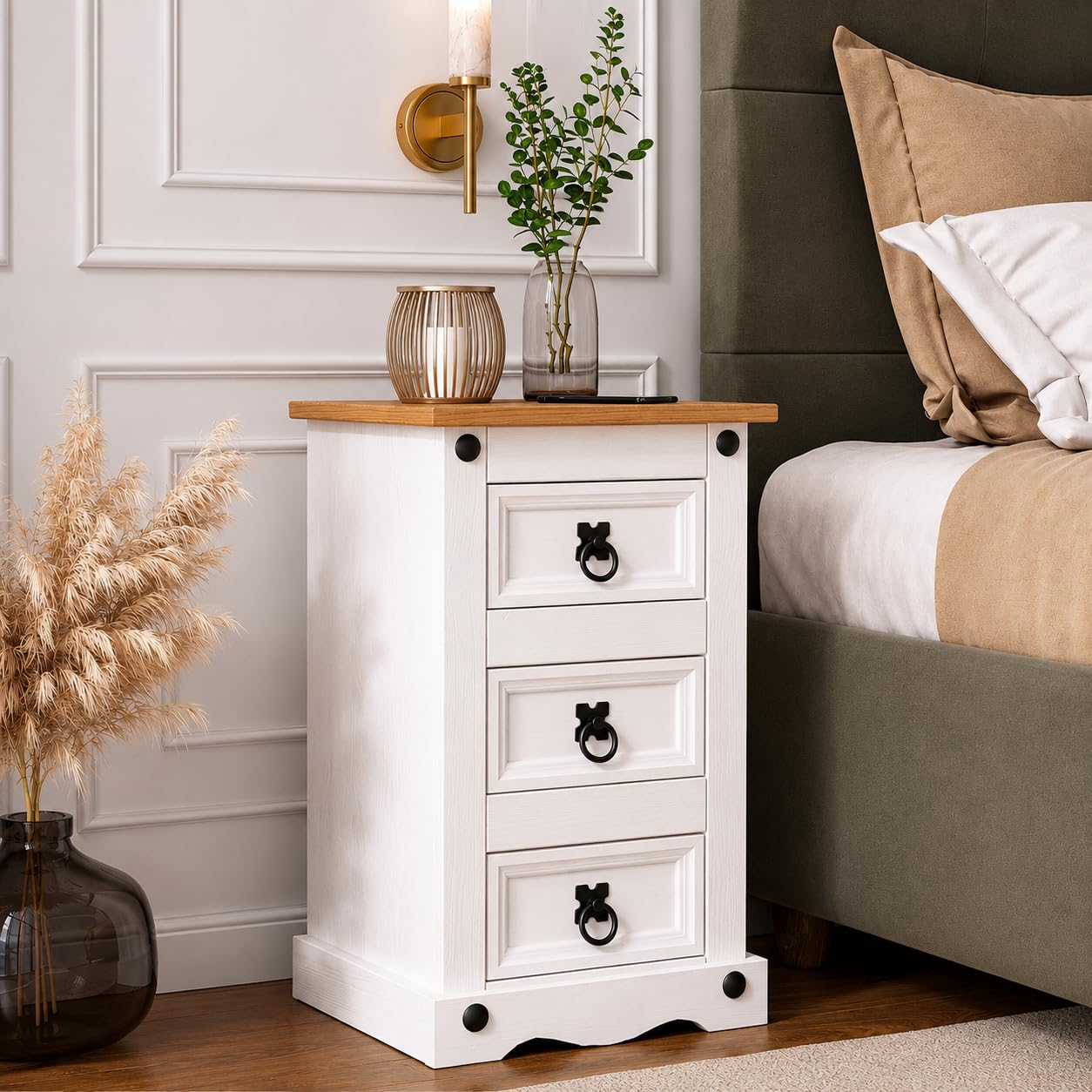 Corona Bedside Table 3 Drawer White Narrow Side Cabinet