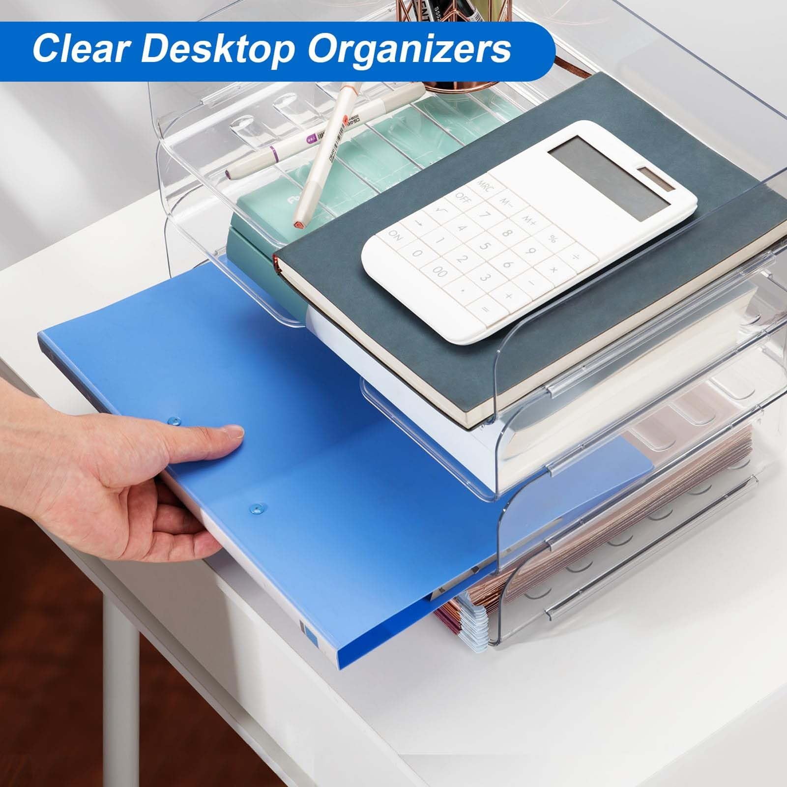 Cassettiera da Ufficio Set Da 4 Vaschette Portadocumenti Trasparenti E Impilabili – Organizer Da Scrivania In PET – Ideale Per Libri, Riviste, Cartelle, Fogli A4, Appunti E Penne(Transparent)