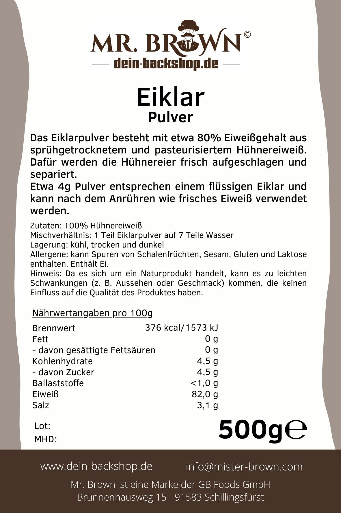 MR. BROWN 500g Eiklarpulver, Pasteurisiertes Eiklar Pulver, zum Kochen & Backen (500) Tasche