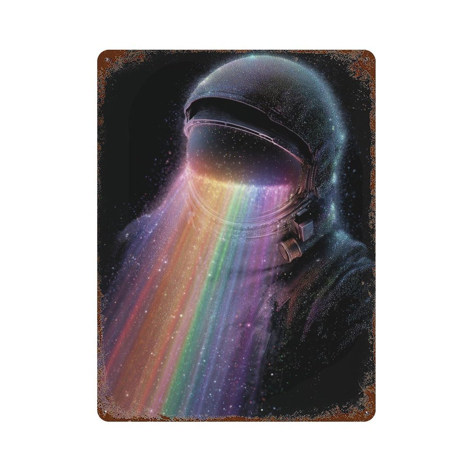 Rustic Tin Plaque Astronaut Rainbow 15.7"x11.8", Vintage Wall Decor for Pub, Kitchen And Man Cave Decor