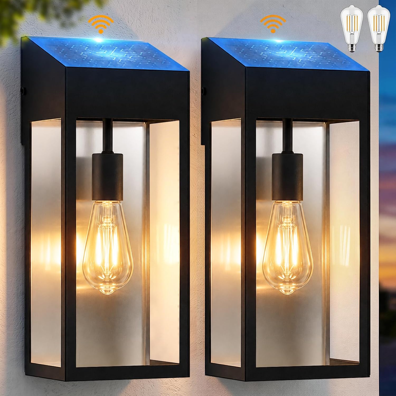 2PK Large Solar Sconce Lights Outdoor Included E26 Bulbs, 15” Solar Porch Lights IP65 Waterproof Modern Black Dusk to Dawn Wall Lights Outdoor Solar Wall Lantern for Garage Courtyard Patio, 3000K