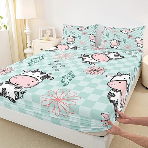 Miniatura 3 de Erosebridal Juego de ropa de cama de vaca de dibujos animados para niños, tamaño King, sábana bajera ajustable de animales para niños y niñas, cama