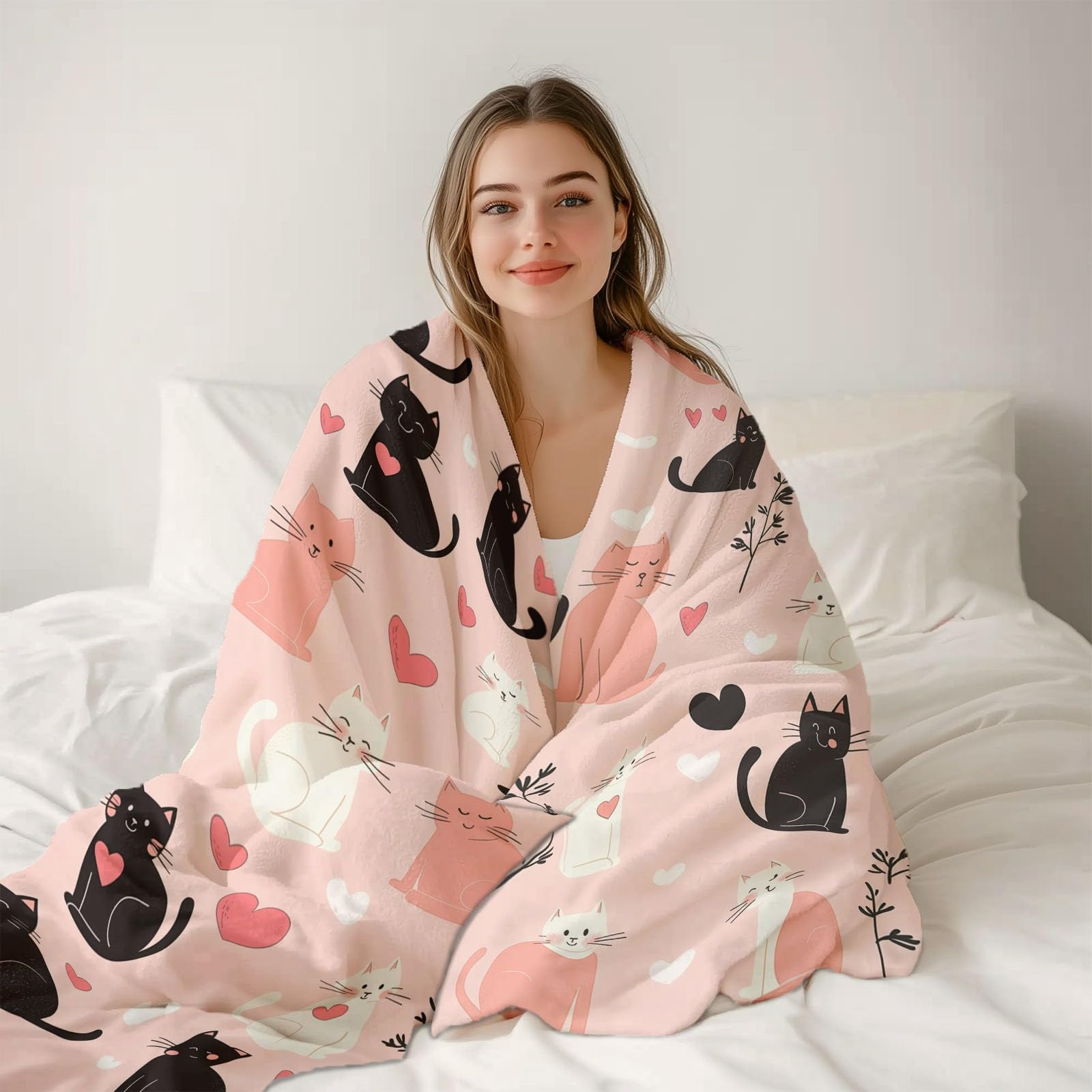 Kuscheldecke Flauschige, Einfache Katze Herzform Muster Decke, Weich & Warm Decke für Couch und Bett, Pflegeleichte Flauschige 180 x 220 cm, Rosa