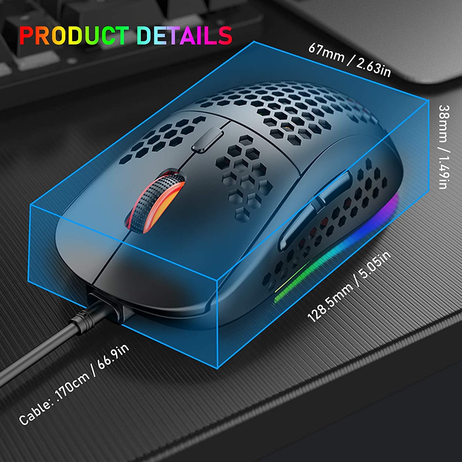 Tastiera meccanica da gioco con layout britannico RGB 14 effetti di retroilluminazione, mini 62 tasti cablato tipo C + mouse leggero RGB 6400DPI a nido d'ape + tappetino per mouse