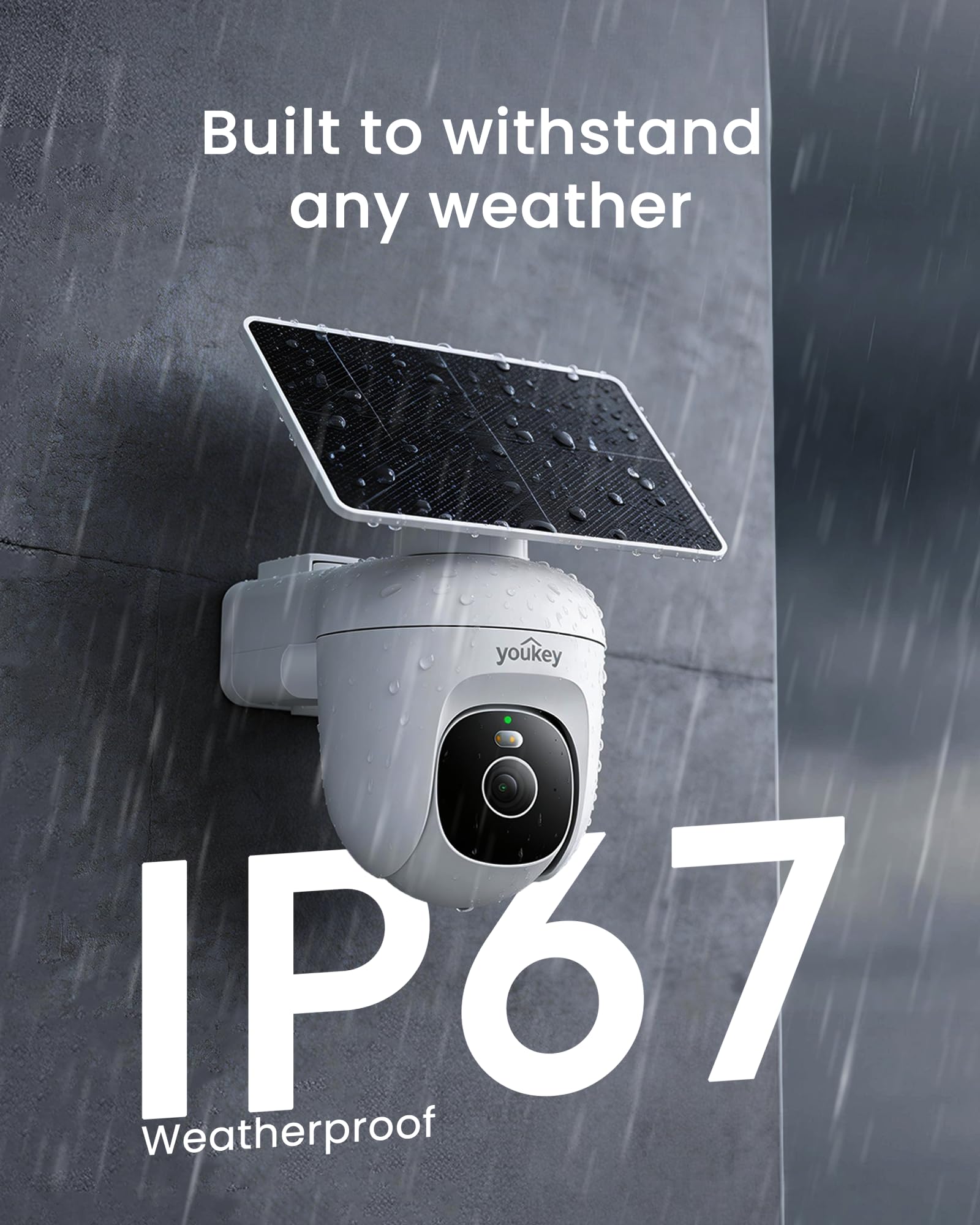 youkey Telecamera di sicurezza solare Wireless Outdoor, Registrazione AOV 24/7, Rilevamento persona/veicolo AI, 25 m di notte a colori, senza abbonamento, Pan/Tilt a 360°, monitoraggio umano, batteria