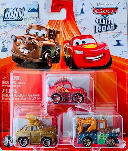 Disney Cars On The Road Mini Racers Road Warriors Paquete de 3 con Rumbler Lightning McQueen, Rumbler Mater y Chieftess