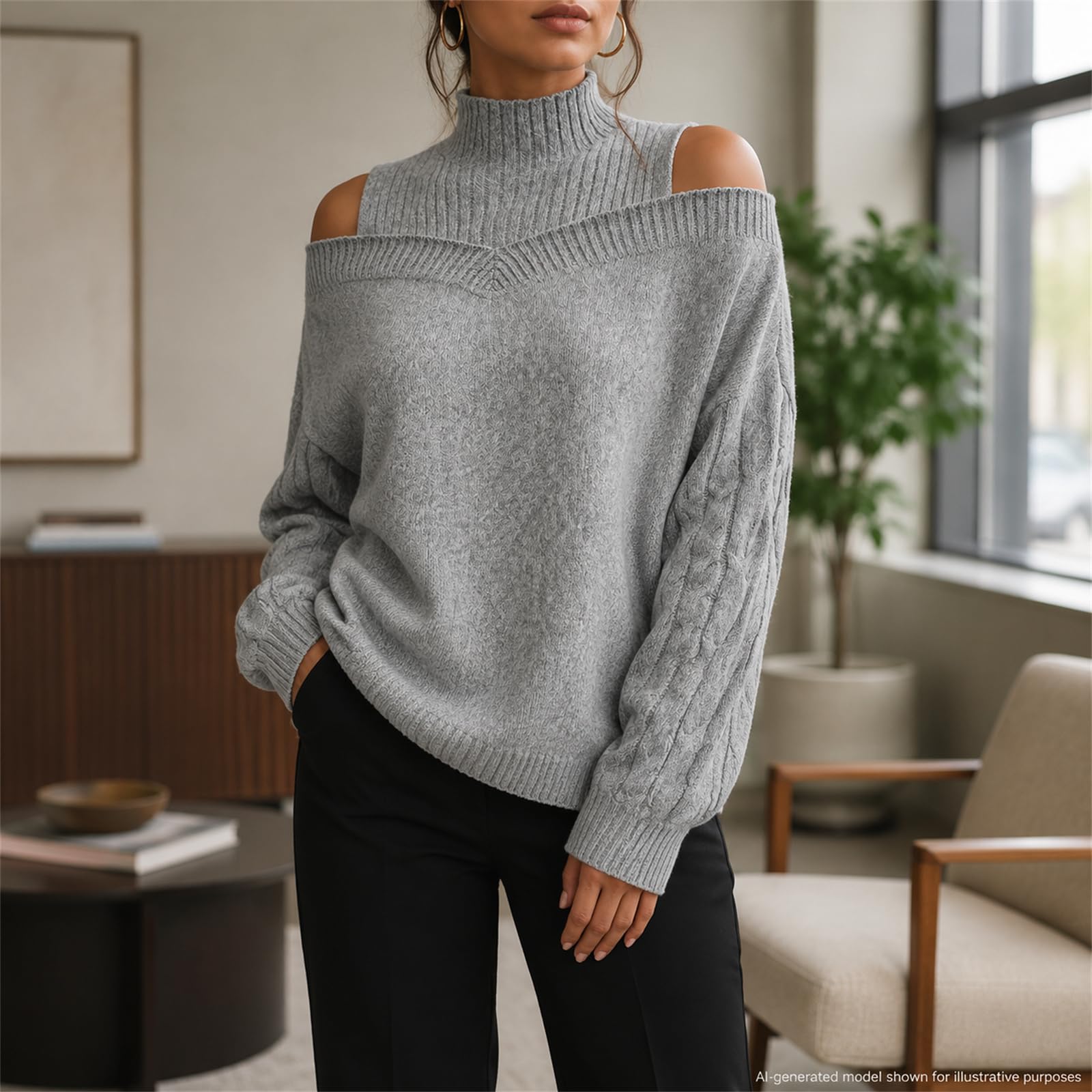 Maglione da donna a collo alto, con spalle scoperte, lavorato a maglia, a