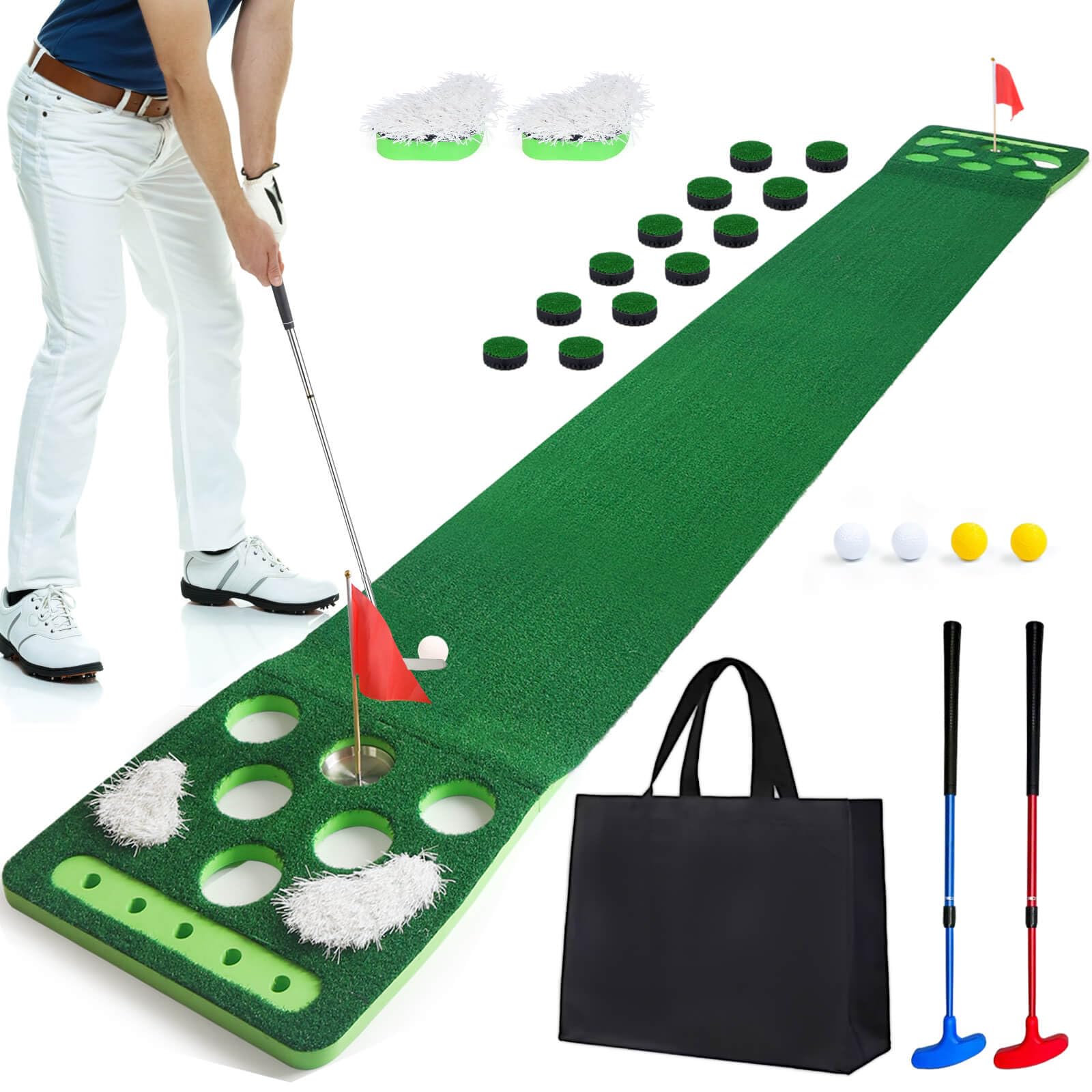 Golf Putting Game Set, Golf Putting Green Mat with 4 Balls, 2 Cups & Flags, 1 Portable Bag for Outdoor & Indoor Party Game