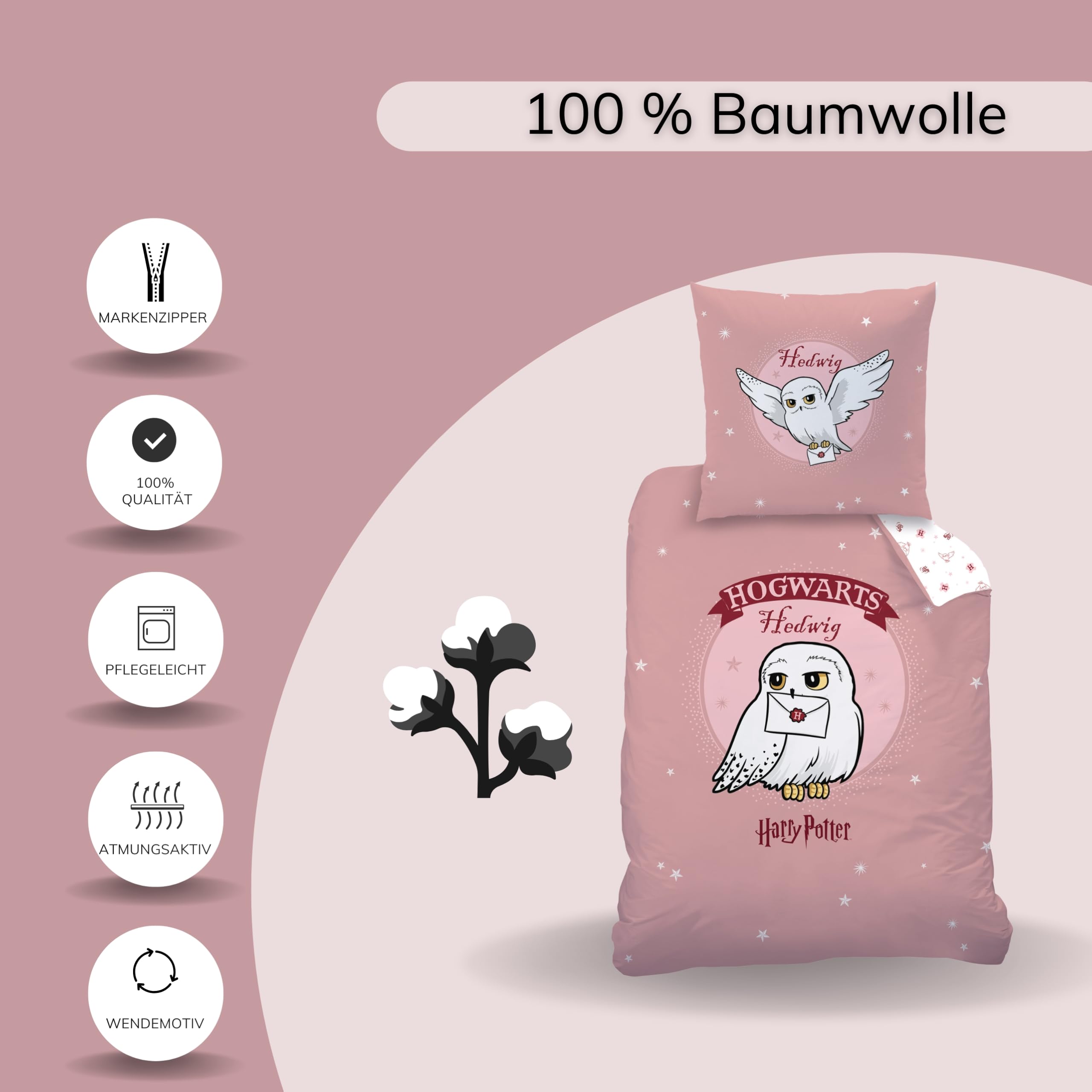 Harry Potter Bettwäsche 135x200 + 80x80 – Eule Hedwig Kinderbettwäsche – 100% Baumwolle – Wendemotiv – Mädchen Bettwäsche Set – Reißverschluss – Geschenk-Idee