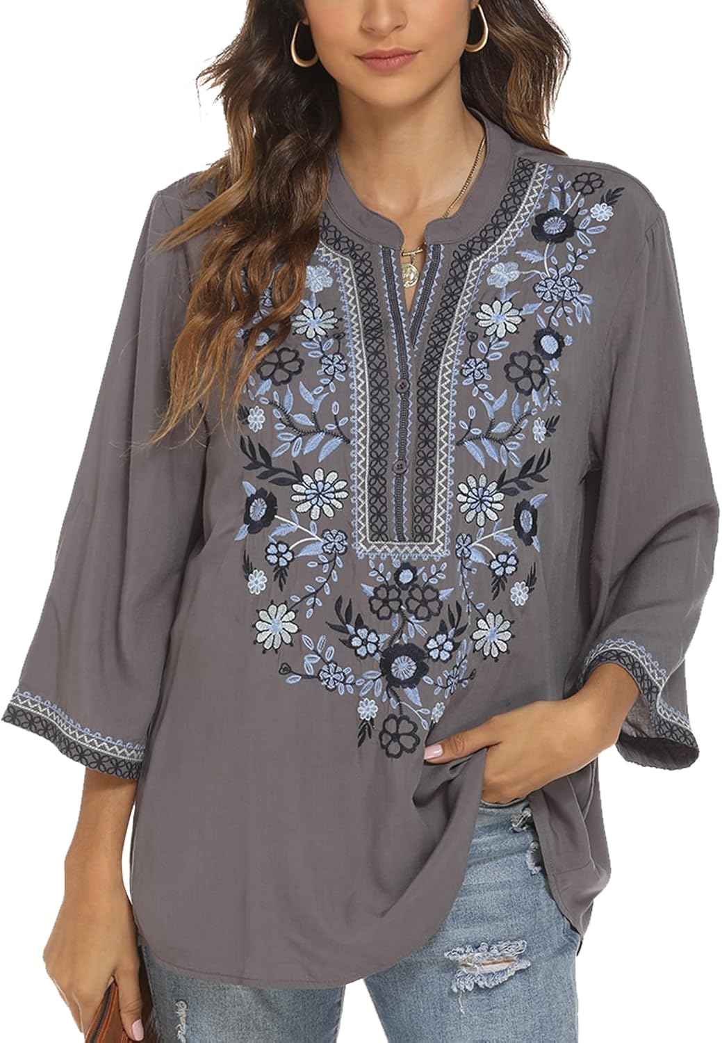 LauraKlein Women's Mexican Embroidered Tops for Women V Neck 3/4 Sleeve Shirts Peasant Casual Loose Summer Tunics Blouse - Image 3