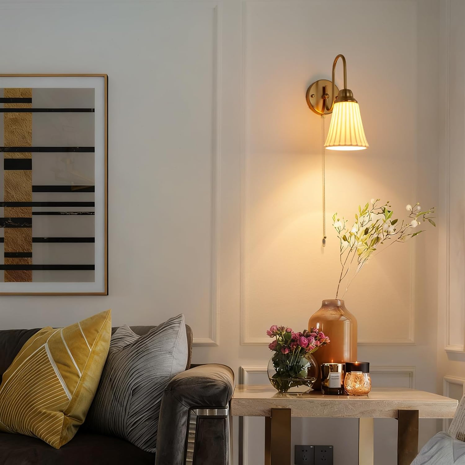 Hardwired Wall Sconces Wall Lighting Set of 2, Modern Ceramic Gold Wall Sconce Light with Pull Chain Switch, Indoor Bedside Wall Lamp Light Fixture for Living Room Bedroom Kitchen Home Office Hallway