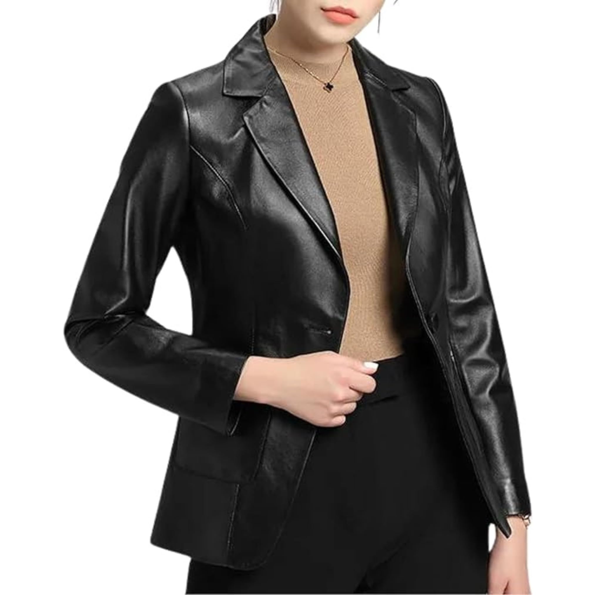 2-Button Lambskin Leather Blazer Women - Casual Coat Long Sleeves Leather Jacket Suit Style for Women