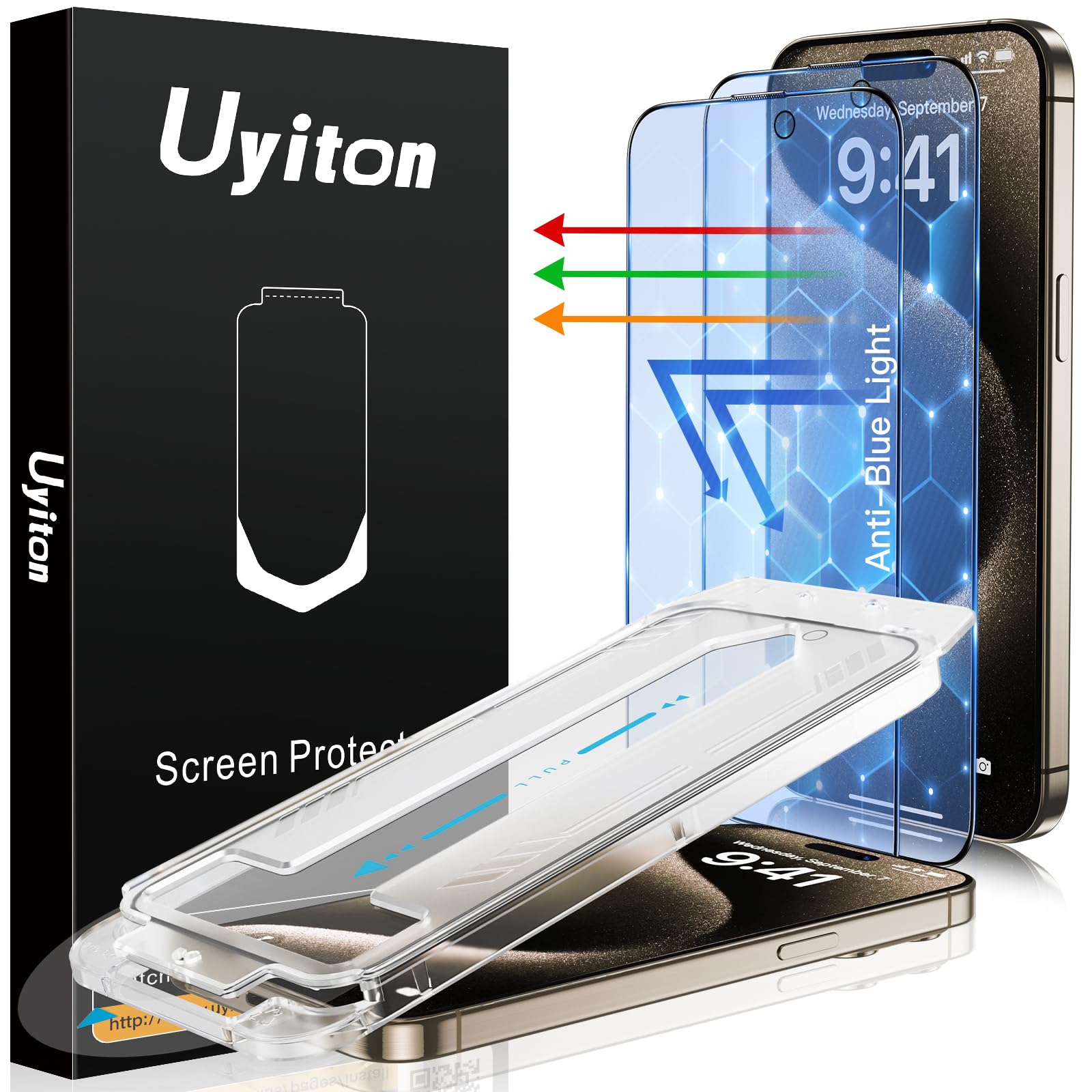 Uyiton Anti-Blue Light for iPhone 15 Pro Screen Protector - Unbreak-Glass Easy to Install Full Coverage Case Friendly Scratch Resistance 9H Tempered