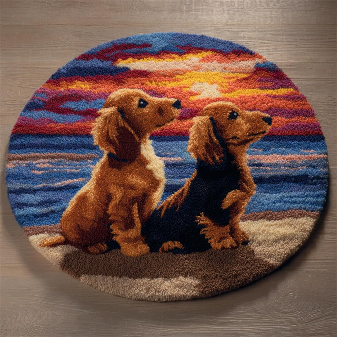 Rqwybcaxn DIY Rug Latch Hook Kits for Teens Animal Needlework Kit Cartoon Dachshund 80x80cm Round Tapestry with Crochet Hook Study Craft Gift