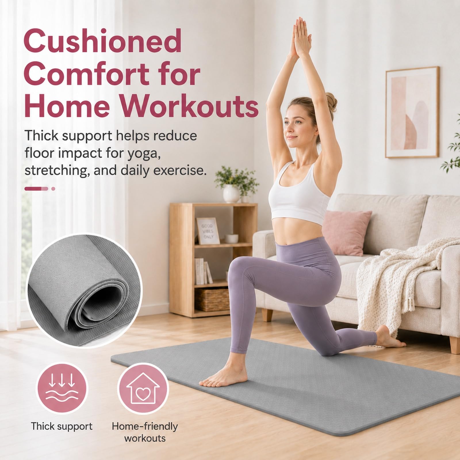 GOOGO Materassino yoga antiscivolo spesso, 183×61 cm, tappetino fitness in gomma TPE per yoga, pilates, stretching, home training e ginnastica (grigio)