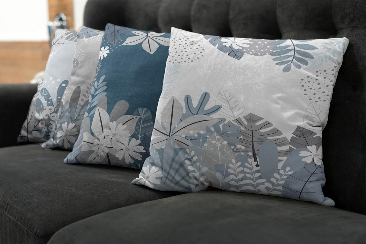 Ambesonne Botanic Throw Pillow Cushion Case Pack of 4, Autumn Foliage Big Exotic Leaves Daisy Flower Foliage of Forest Artwork, Modern Accent Double-Sided Digital Printing, 18", Pale Purpleblue White