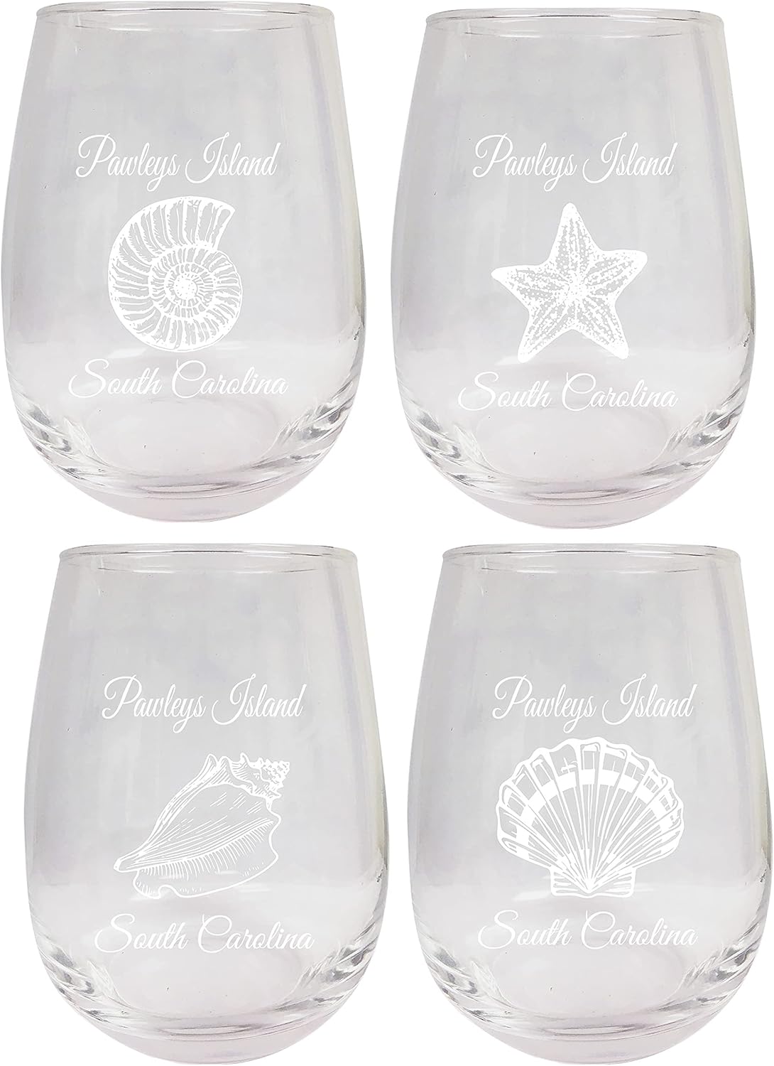 R and R Imports Pawleys Island South Carolina Souvenir 9 Ounce Laser Engraved Stemless Wine Glass Shell Designs 4-Pack