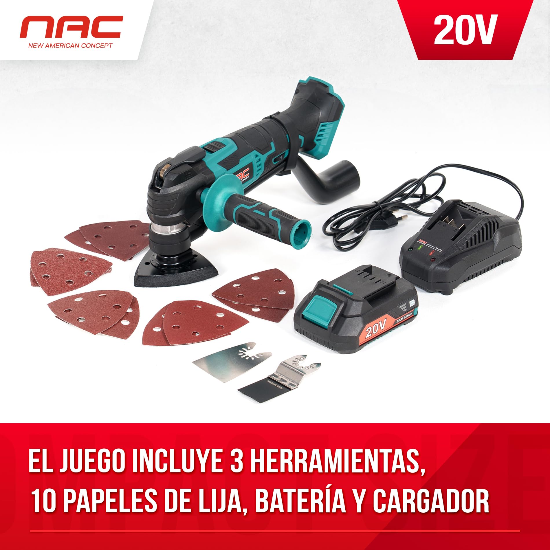 NAC Dispositivo multiusos inalámbrico MT-LI-ST-20V, verde, luz LED incorporada, el dispositivo es compatible con todas las baterías de la serie Akumultisystem 20V, con batería de 2.0 Ah y cargador